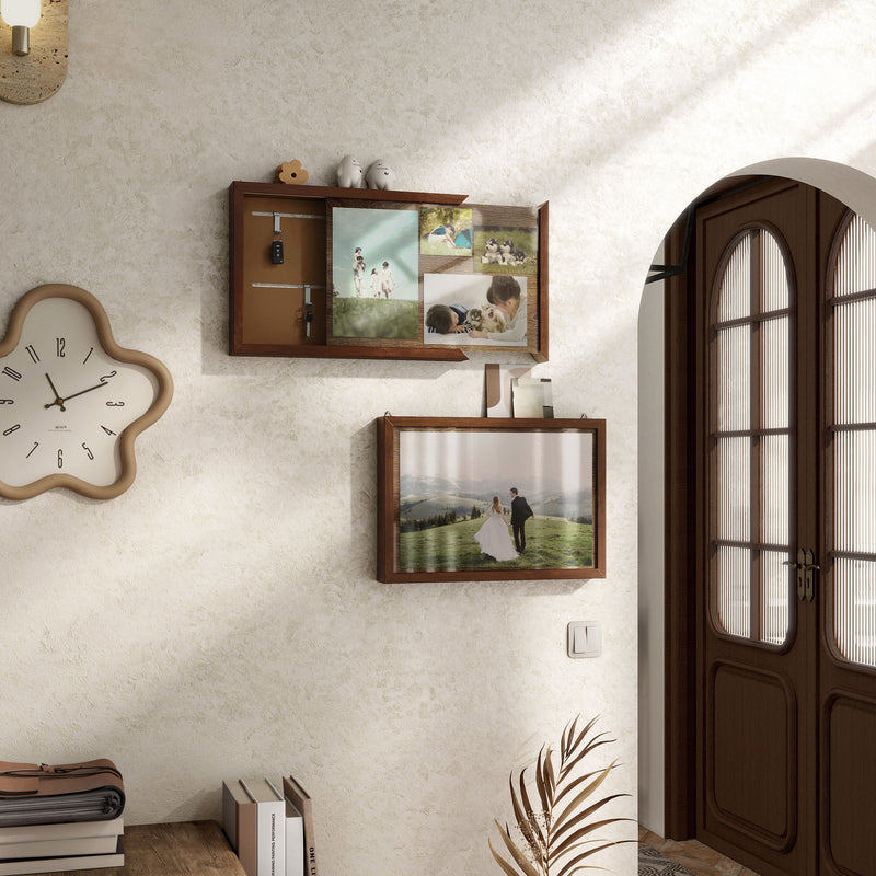 Right facing contemporary hanging antique cherry finish wood photo frame sliding cabinets hung with accessories