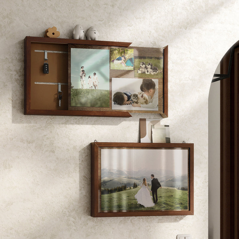 Right facing contemporary hanging antique cherry finish wood photo frame sliding cabinets shown partially open hung with accessories