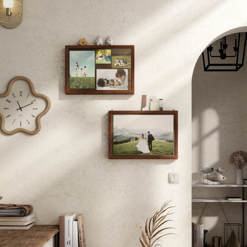 Front facing contemporary hanging antique cherry finish wood photo frame sliding cabinets hung with accessories