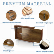 Informational image of the premium materials of a contemporary hanging antique cherry finish wood photo frame sliding cabinet
