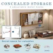 Informational image of the concealed storage of a contemporary hanging antique cherry finish wood photo frame sliding cabinet