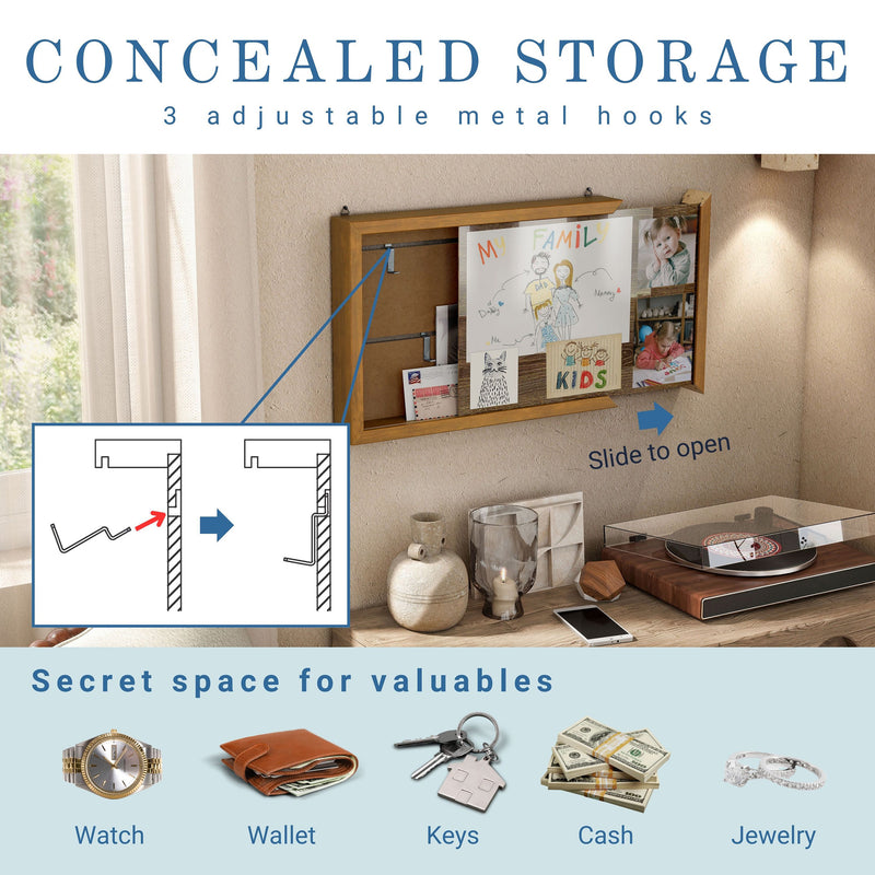 Informational image of the concealed storage of a contemporary hanging antique cherry finish wood photo frame sliding cabinet