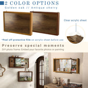 Informational image of the color options of a contemporary hanging antique cherry finish wood photo frame sliding cabinet