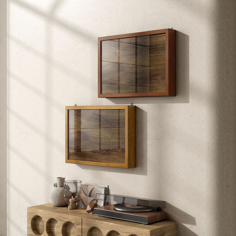 Left facing contemporary hanging golden oak finish wood photo frame sliding cabinet in a room with accessories