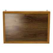 Front facing contemporary hanging golden oak finish wood photo frame sliding cabinet on a white background
