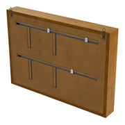 Left facing back view of a contemporary hanging golden oak finish wood photo frame sliding cabinet on a white background