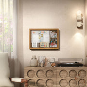 Front facing contemporary hanging golden oak finish wood photo frame sliding cabinet hung with pictures