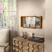 Left facing open view of a contemporary hanging golden oak finish wood photo frame sliding cabinet hung with pictures