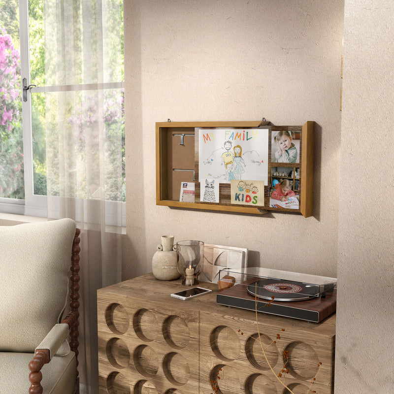 Left facing open view of a contemporary hanging golden oak finish wood photo frame sliding cabinet hung with pictures