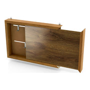 Left facing open view of a contemporary hanging golden oak finish wood photo frame sliding cabinet on a white background