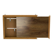 Front facing open view of a contemporary hanging golden oak finish wood photo frame sliding cabinet on a white background
