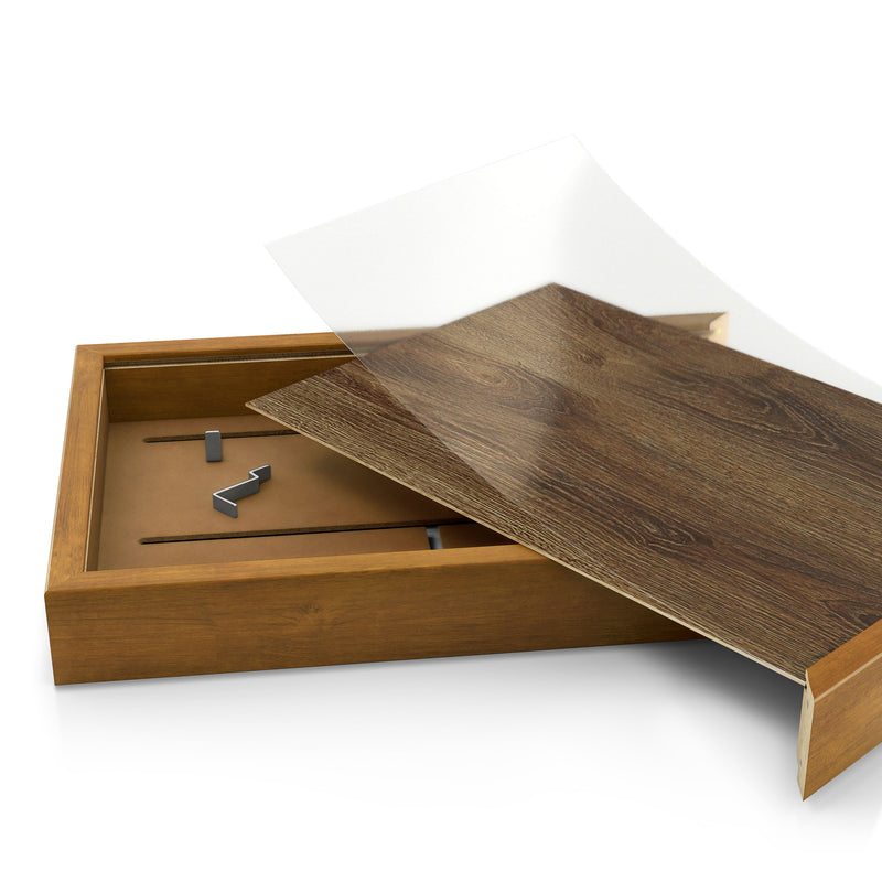 Right facing open/disassembled view of a contemporary hanging golden oak finish wood photo frame sliding cabinet on a white background