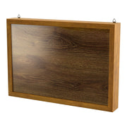 Left facing contemporary hanging golden oak finish wood photo frame sliding cabinet on a white background