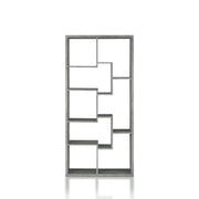 Front-facing modern grey oak geometric bookcase with staggered shelves on a white background