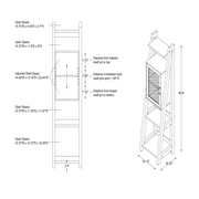 Dimensional image rendering of a five-shelf farmhouse-style multimedia ladder tower cabinet unit that includes two views and dimensions