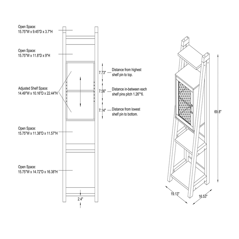 Dimensional image rendering of a five-shelf farmhouse-style multimedia ladder tower cabinet unit that includes two views and dimensions