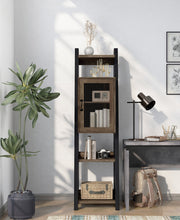 front facing of a five-shelf farmhouse-style multimedia ladder tower cabinet unit in a room with accessories