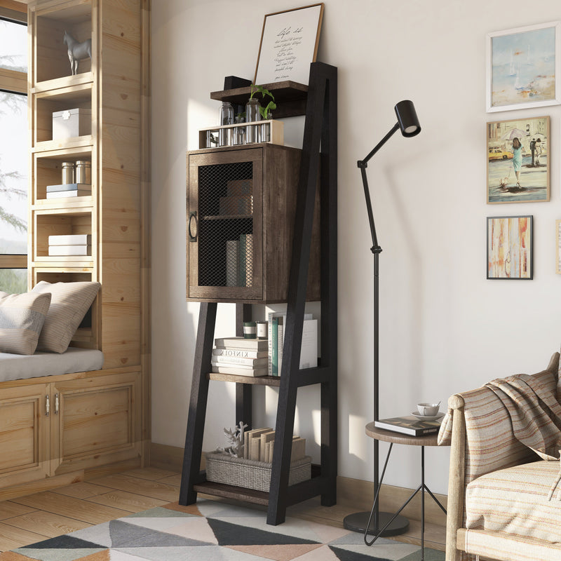 Left facing of a five-shelf farmhouse-style multimedia ladder tower cabinet unit in a room with accessories