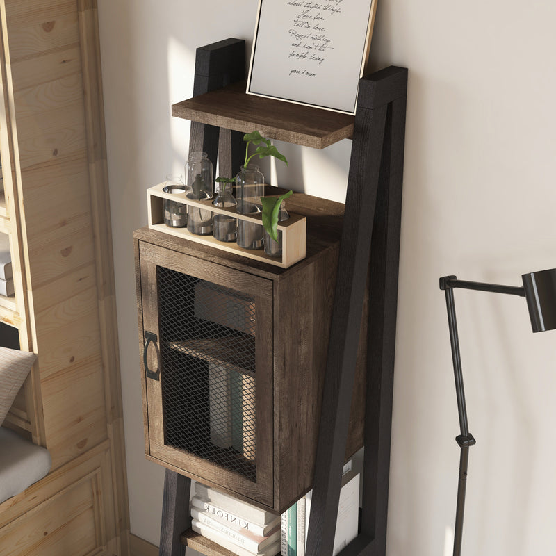 Left facing of the top of a five-shelf farmhouse-style multimedia ladder tower cabinet unit in a room with accessories