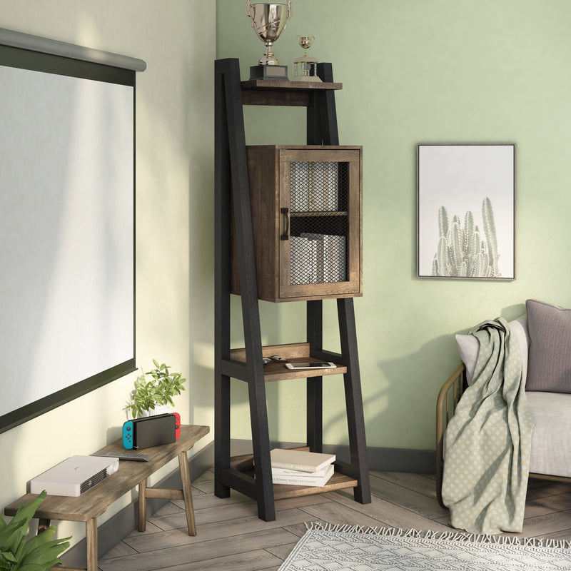 Right facing of a five-shelf farmhouse-style multimedia ladder tower cabinet unit in a room with accessories