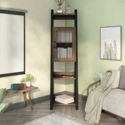 front facing of a five-shelf farmhouse-style multimedia ladder tower cabinet unit in a room with accessories