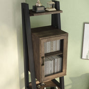 Right facing of the top of a five-shelf farmhouse-style multimedia ladder tower cabinet unit in a room with accessories