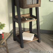 Right facing of the bottom of a five-shelf farmhouse-style multimedia ladder tower cabinet unit in a room with accessories