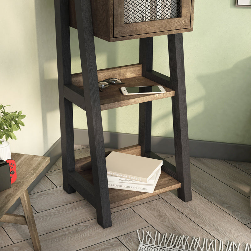 Right facing of the bottom of a five-shelf farmhouse-style multimedia ladder tower cabinet unit in a room with accessories