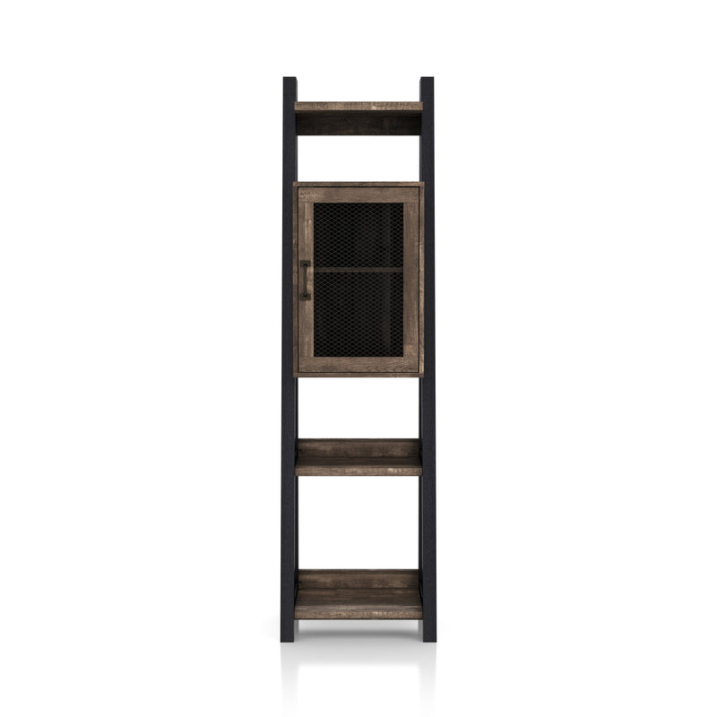 front facing of a five-shelf farmhouse-style multimedia ladder tower cabinet unit on a white background