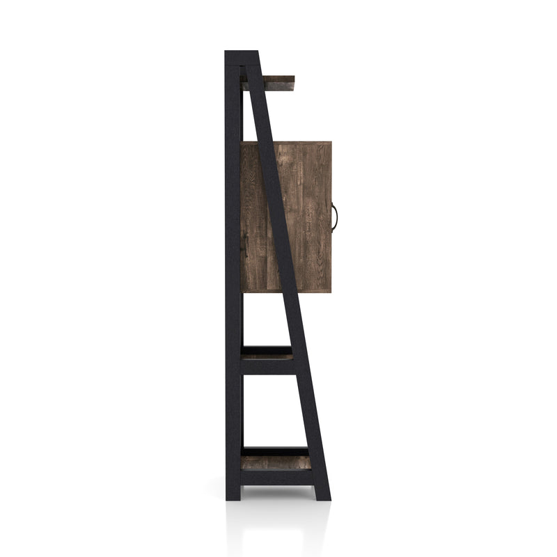 Right side facing of a five-shelf farmhouse-style multimedia ladder tower cabinet unit on a white background