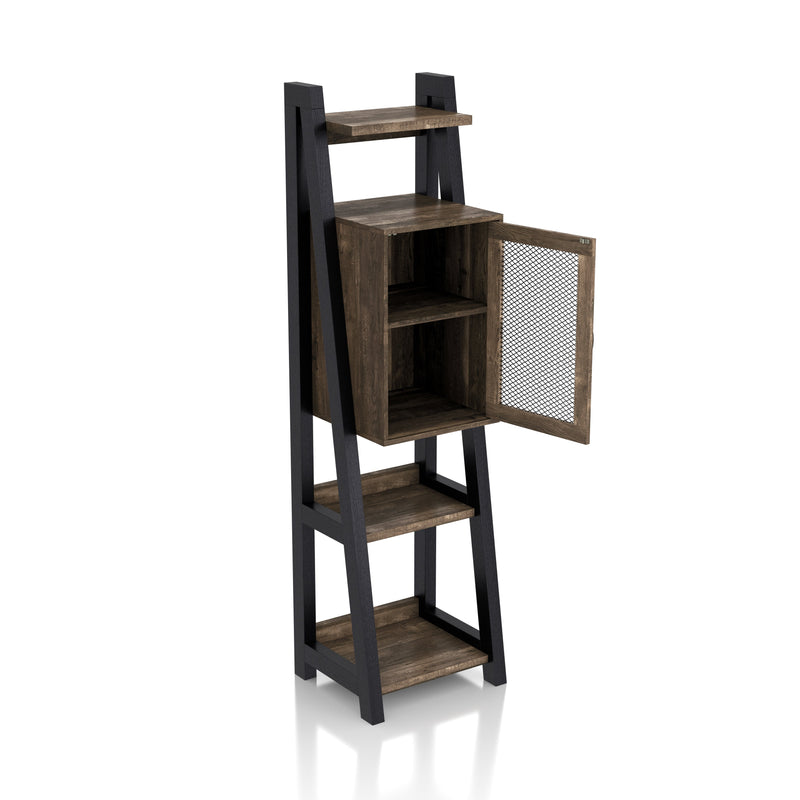 Right facing of a five-shelf farmhouse-style multimedia ladder tower cabinet unit with open cabinet on a white background
