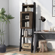 Left facing of a five-shelf farmhouse-style multimedia ladder tower cabinet unit in a room with accessories