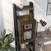 Right facing of the top of a five-shelf farmhouse-style multimedia ladder tower cabinet unit in a room with accessories