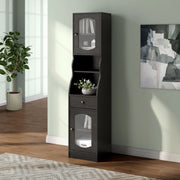 Left facing of a six-shelf farmhouse-style tower cabinet unit in a room with accessories