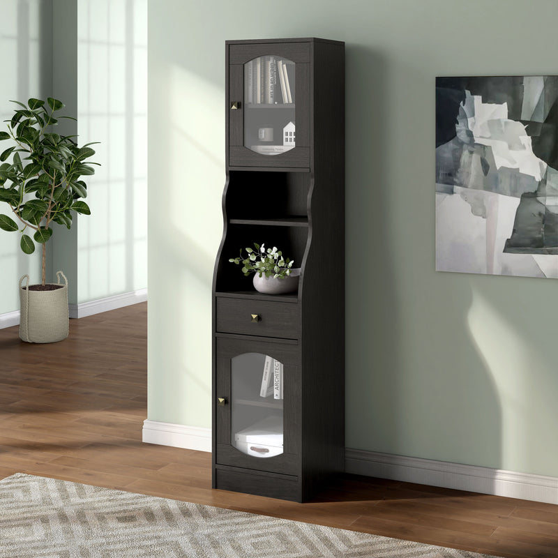 Left facing of a six-shelf farmhouse-style tower cabinet unit in a room with accessories