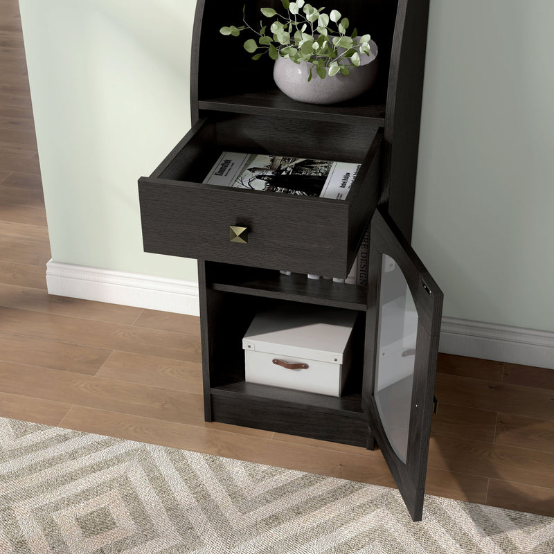 Left facing of the lower angle of a six-shelf farmhouse-style tower cabinet unit with shelves opened in a room with accessories