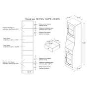 Dimensional image rendering of a six-shelf farmhouse-style tower cabinet unit that includes two views and dimensions