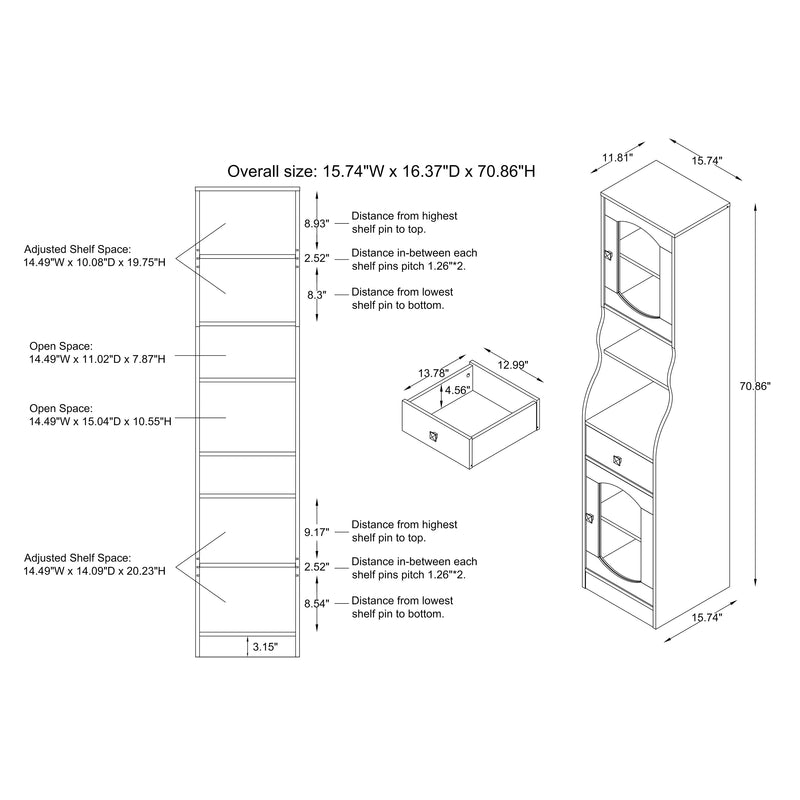 Dimensional image rendering of a six-shelf farmhouse-style tower cabinet unit that includes two views and dimensions