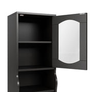 Right facing of the tope angle of a six-shelf farmhouse-style tower cabinet unit with shelf opened on a white background