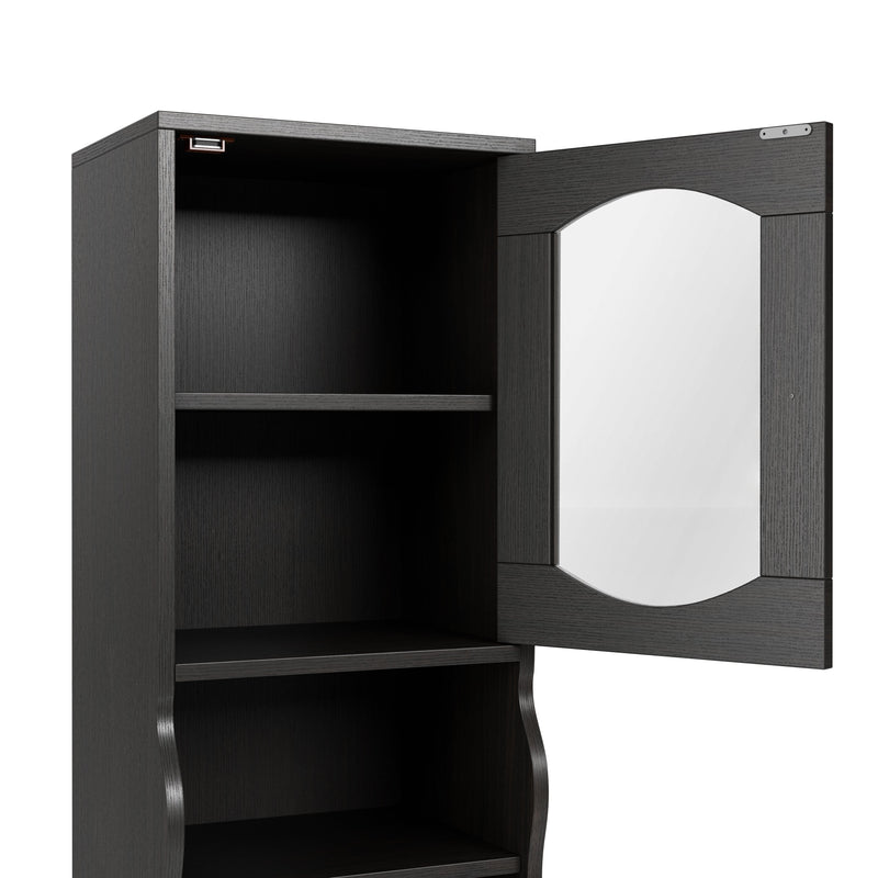Right facing of the tope angle of a six-shelf farmhouse-style tower cabinet unit with shelf opened on a white background
