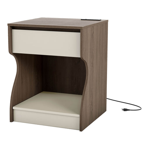 Left facing contemporary chestnut brown one-drawer one-shelf charging station nightstand with USB and power on a white background