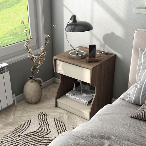 Left facing contemporary chestnut brown one-drawer one-shelf charging station nightstand with USB and power in a bedroom with accessories