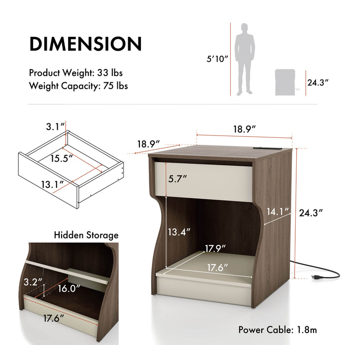 Informational image showing the dimensions of a contemporary chestnut brown one-drawer one-shelf charging station nightstand