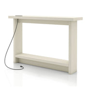 Left facing contemporary soft white rectangular console with a charging panel on a white background