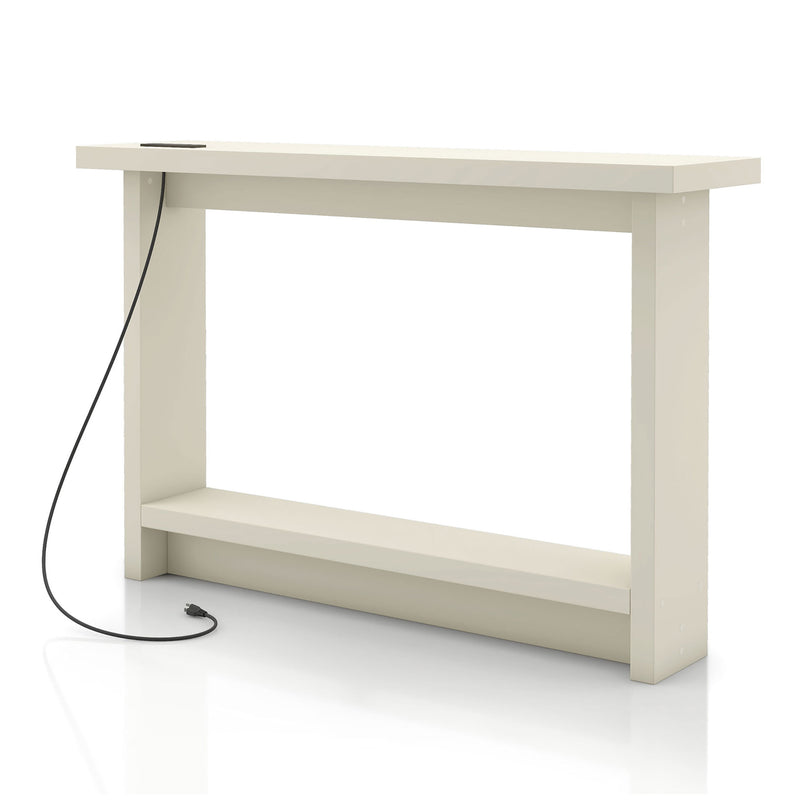 Left facing contemporary soft white rectangular console with a charging panel on a white background