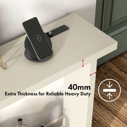 Front facing image highlighting storage and display of a contemporary soft white rectangular console with a charging panel in a room with accessories