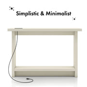 Front facing image highlighting simple minimalism of a contemporary soft white rectangular console with a charging panel on a white background