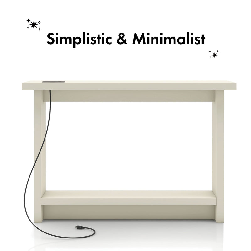Front facing image highlighting simple minimalism of a contemporary soft white rectangular console with a charging panel on a white background