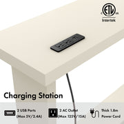 Informational close up image of the charging panel on a contemporary soft white rectangular console on a white background