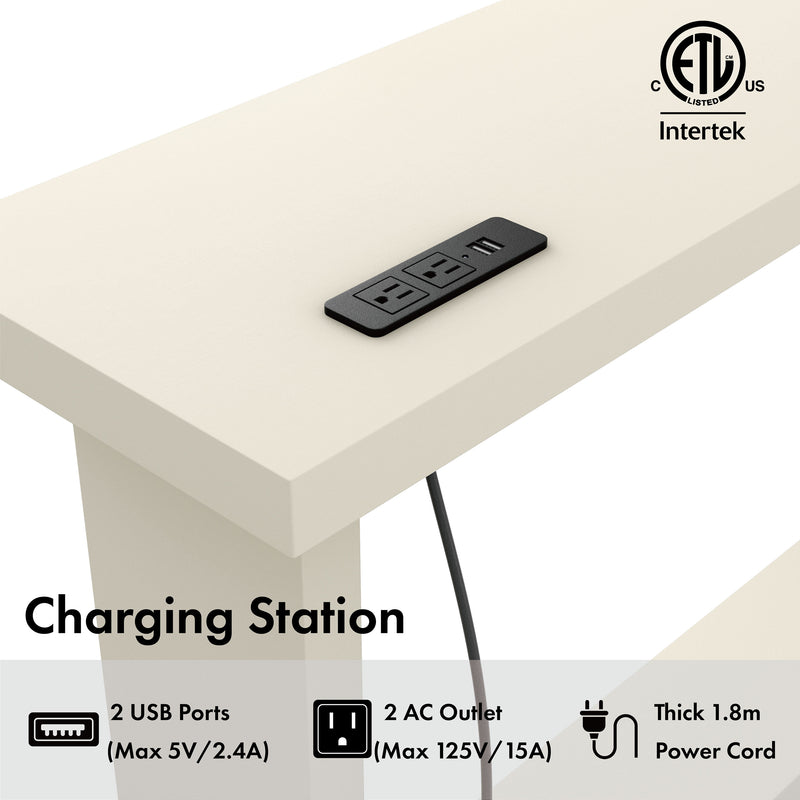 Informational close up image of the charging panel on a contemporary soft white rectangular console on a white background